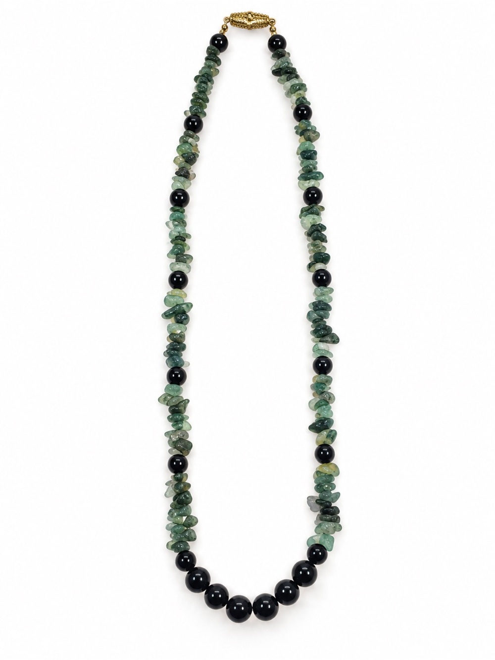 Green Natural Stone Chip & Black Beaded Necklace Gold Tone Vintage Magnet Clasp